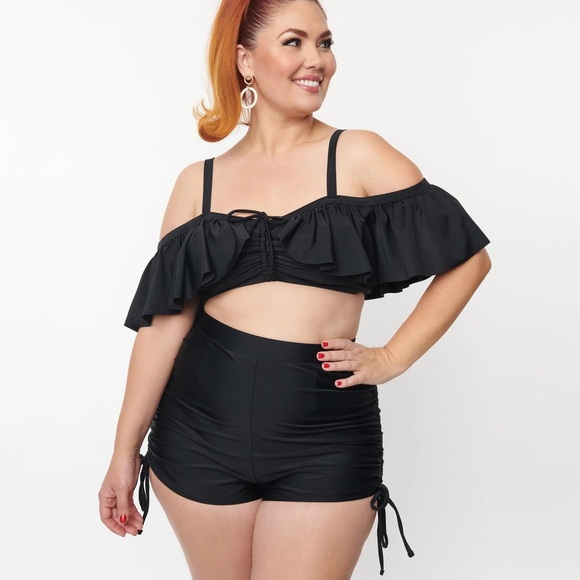 Unique Vintage Plus Size Black Ruffled Swim Top Size 3X/20 - Picture 2 of 5